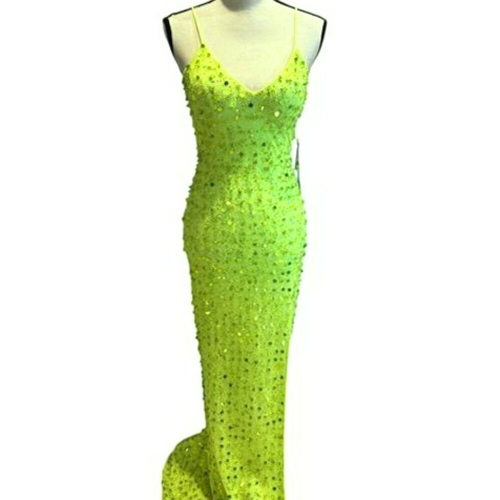 JVN by Jovani Lime Green Beaded Sequin Side Slit Lace Up Back Dress Prom